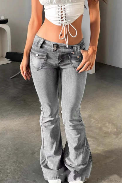 Low Waist High Stretch Flared Jeans Grey / XS
