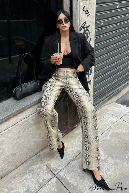 Low-Waist Snake Print Wide-Leg Jeans