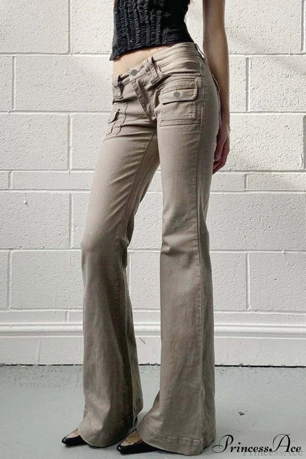 Low Waisted Slim Cargo Flared Leg Jeans