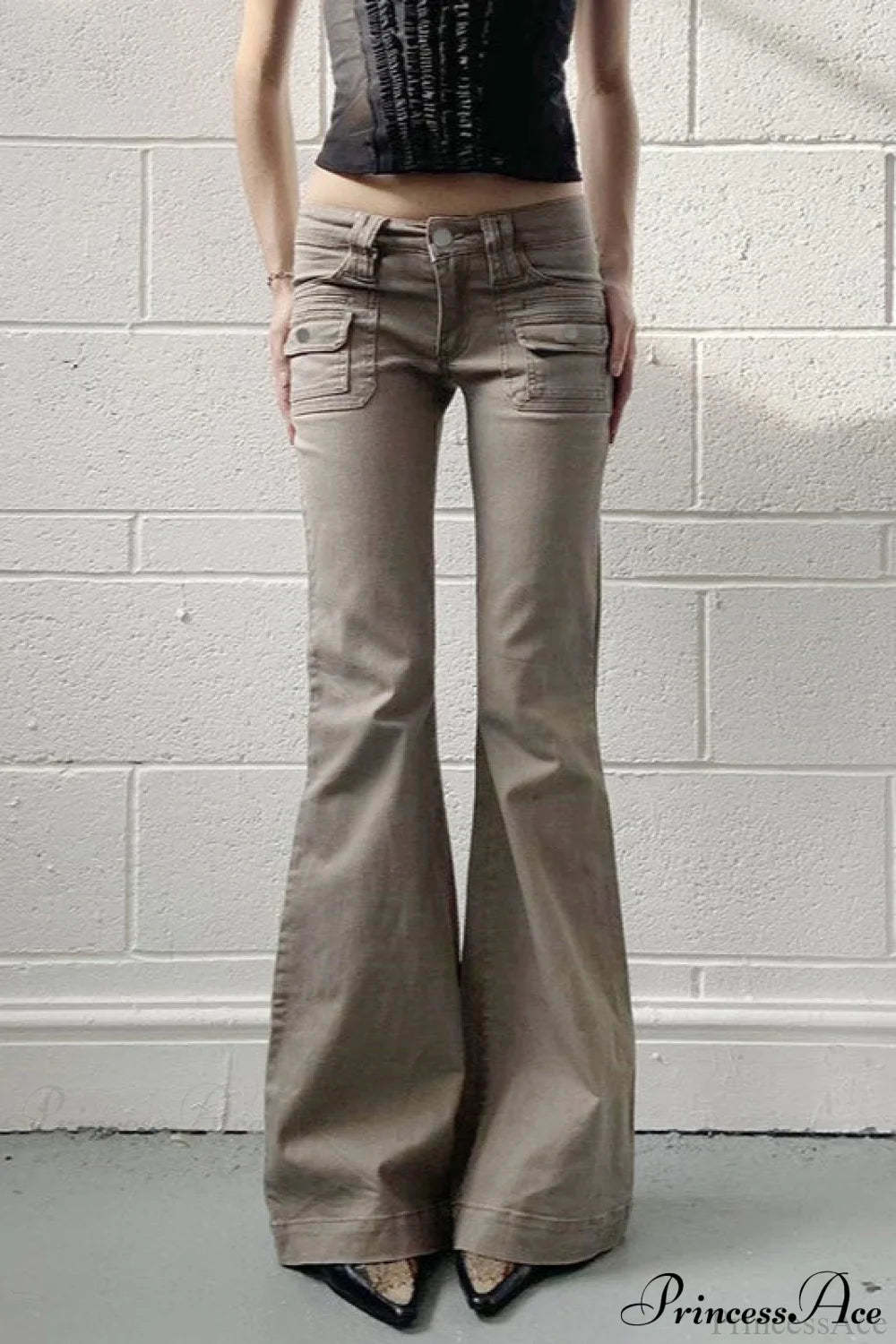 Low Waisted Slim Cargo Flared Leg Jeans Khaki / S