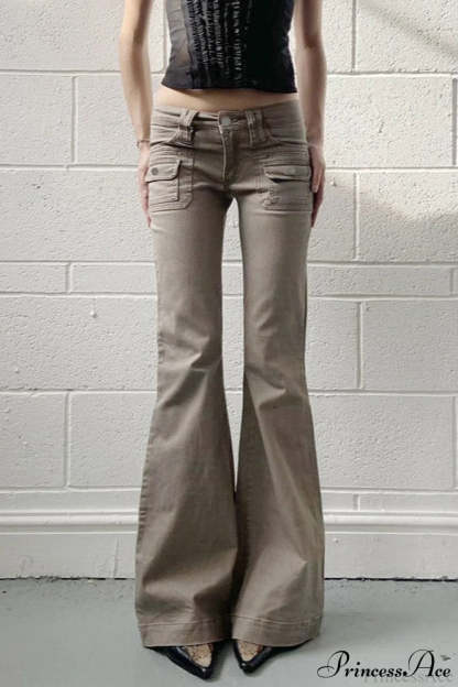 Low Waisted Slim Cargo Flared Leg Jeans Khaki / S