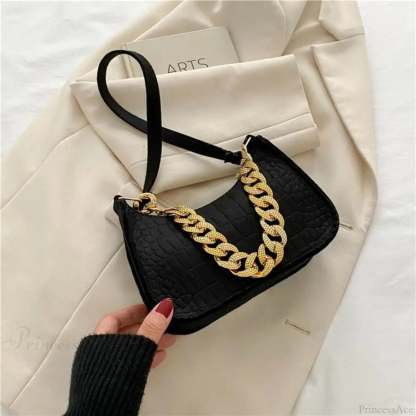 Luxury Metal Chain Shoulder Handbag Elegant Clutch Black handbag-250126