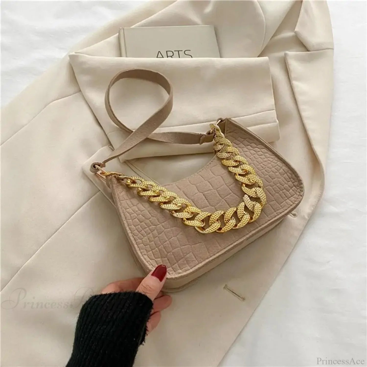 Luxury Metal Chain Shoulder Handbag Elegant Clutch Khaki handbag-250126