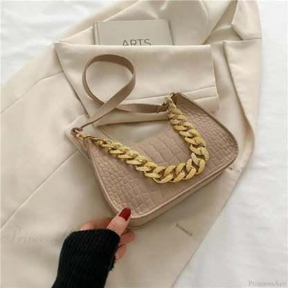 Luxury Metal Chain Shoulder Handbag Elegant Clutch Khaki handbag-250126