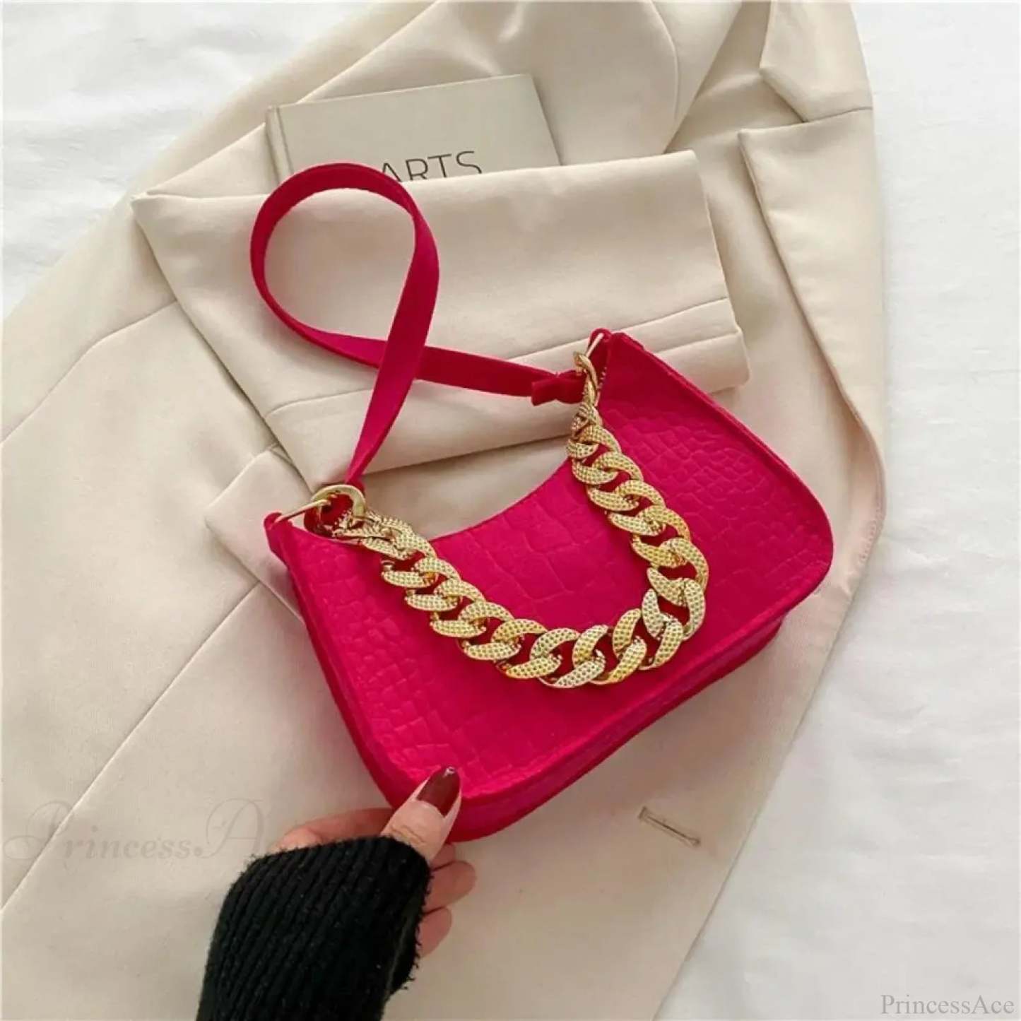 Luxury Metal Chain Shoulder Handbag Elegant Clutch Rose Red handbag-250126