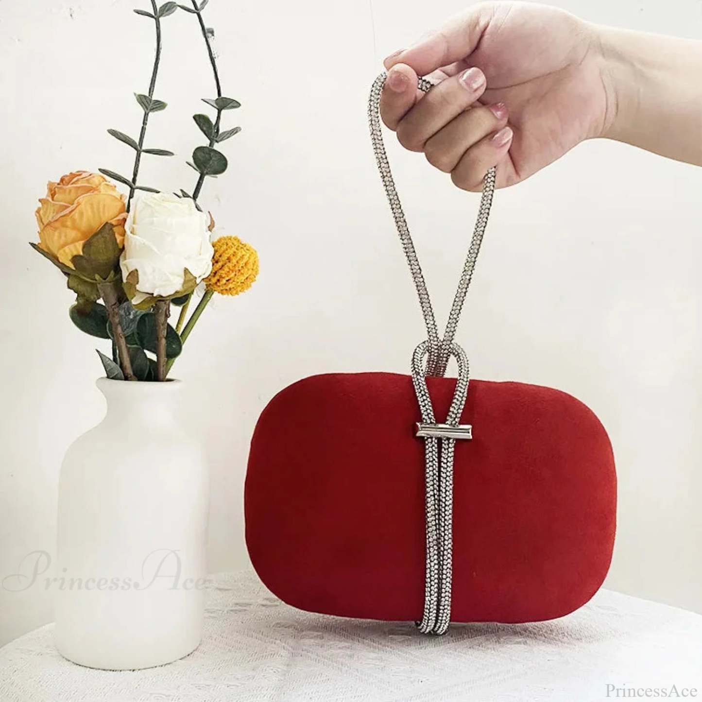 Luxury Red Velvet Crystal Handle Evening Wedding Tote Handbag clutchbag-250126