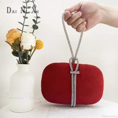 Luxury Red Velvet Crystal Handle Evening Wedding Tote Handbag Wine red clutchbag-250126