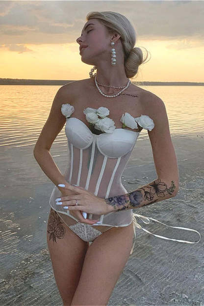 Mesh Cup Lace Up Slim Bustier Corset White / S