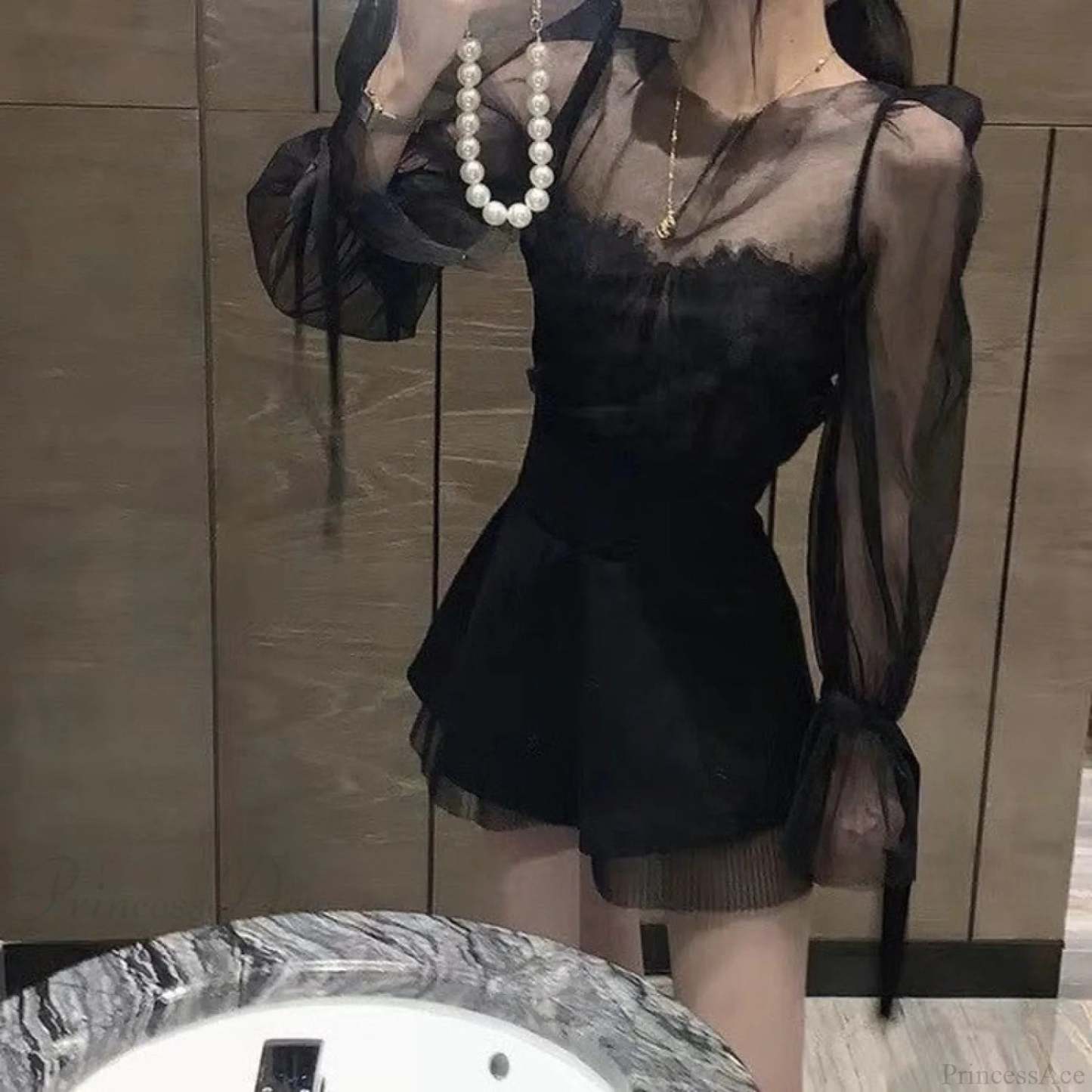 French Warm-Season Blouse Sling Retro Mujer Slimming Arm Blusas Women Mesh Sexy Top Long De Lace