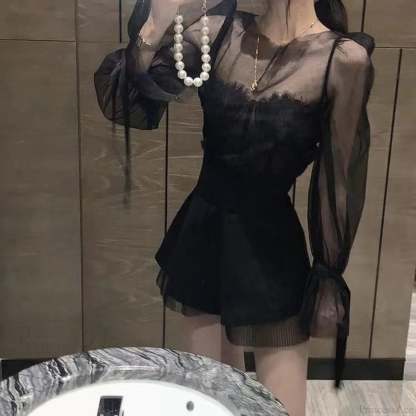 French Warm-Season Blouse Sling Retro Mujer Slimming Arm Blusas Women Mesh Sexy Top Long De Lace