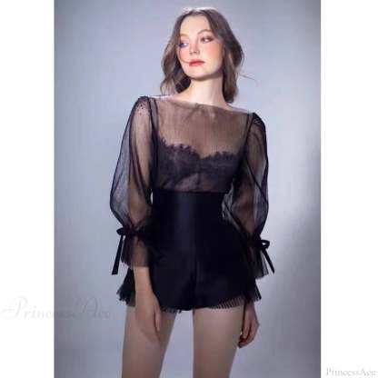 French Warm-Season Blouse Sling Retro Mujer Slimming Arm Blusas Women Mesh Sexy Top Long De Lace