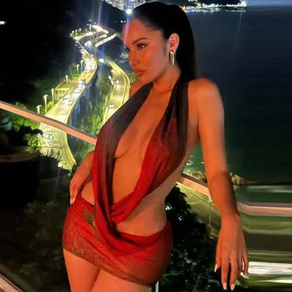 Mesh Print Halter Deep V Neck Vacation Dress vacationdress-250223