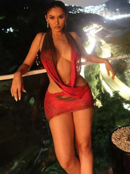 Mesh Print Halter Deep V Neck Vacation Dress vacationdress-250223