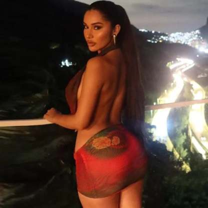 Mesh Print Halter Deep V Neck Vacation Dress vacationdress-250223