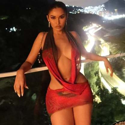 Mesh Print Halter Deep V Neck Vacation Dress vacationdress-250223