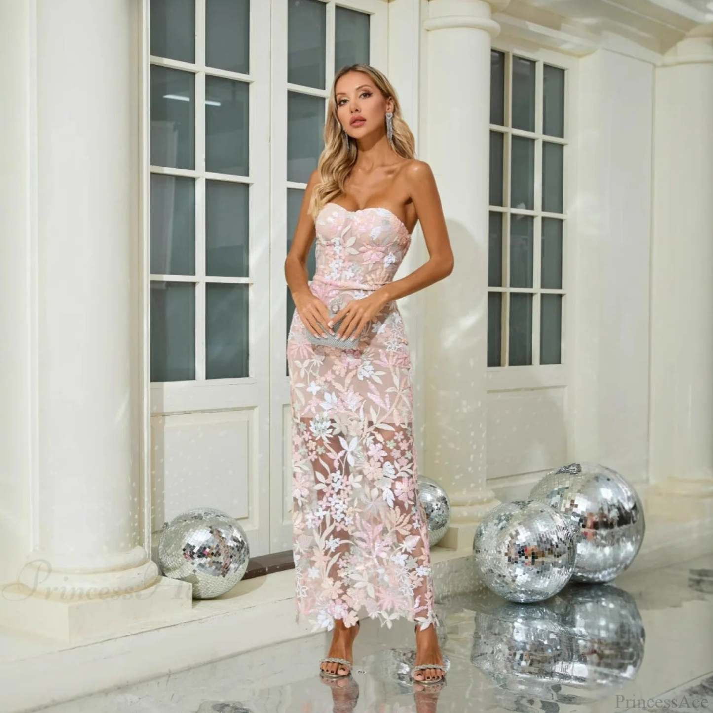 Mesh Sequin Strapless Elegant Prom Dress promdress-250223