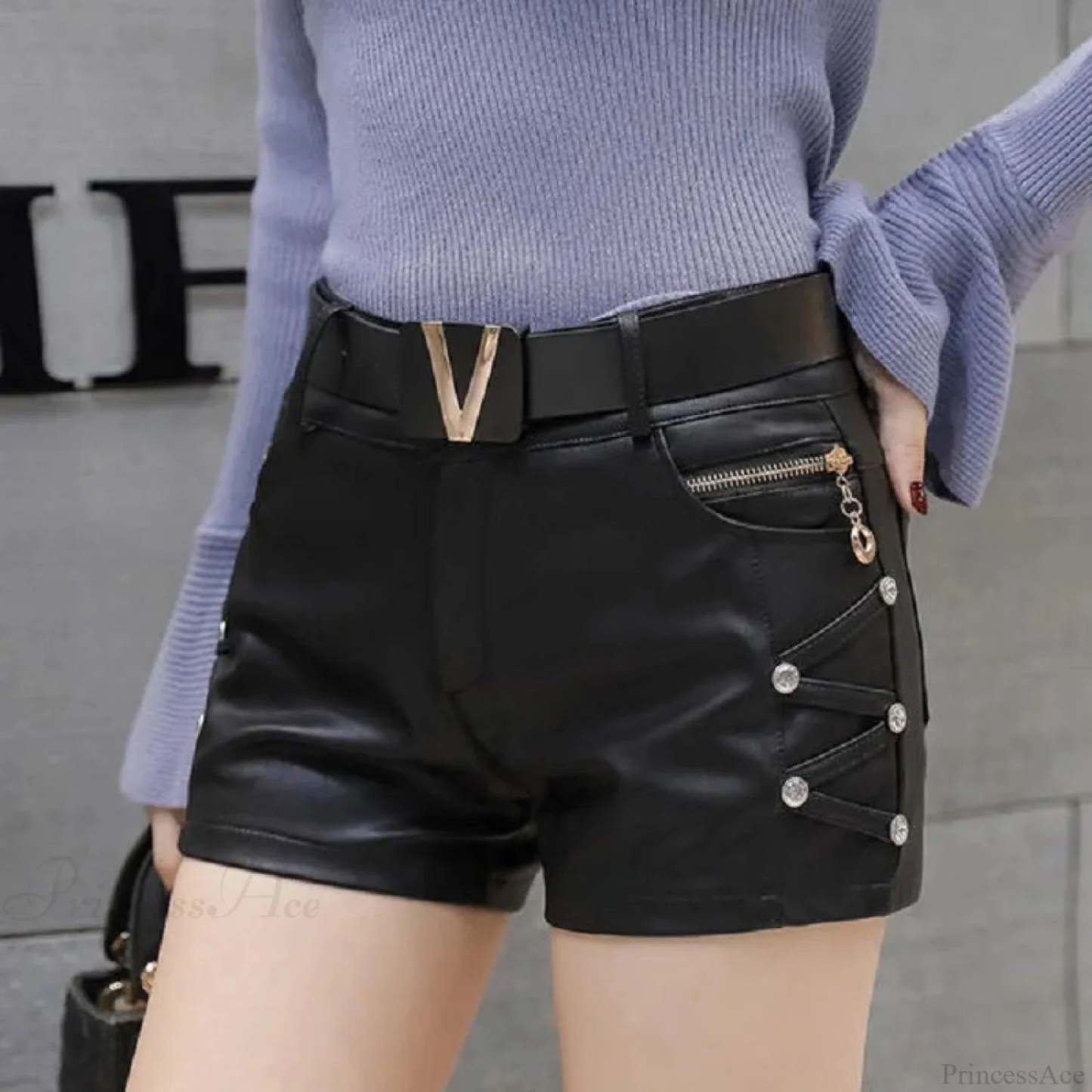 Metal Fastener Zip Imitation Leather Short black1 / S