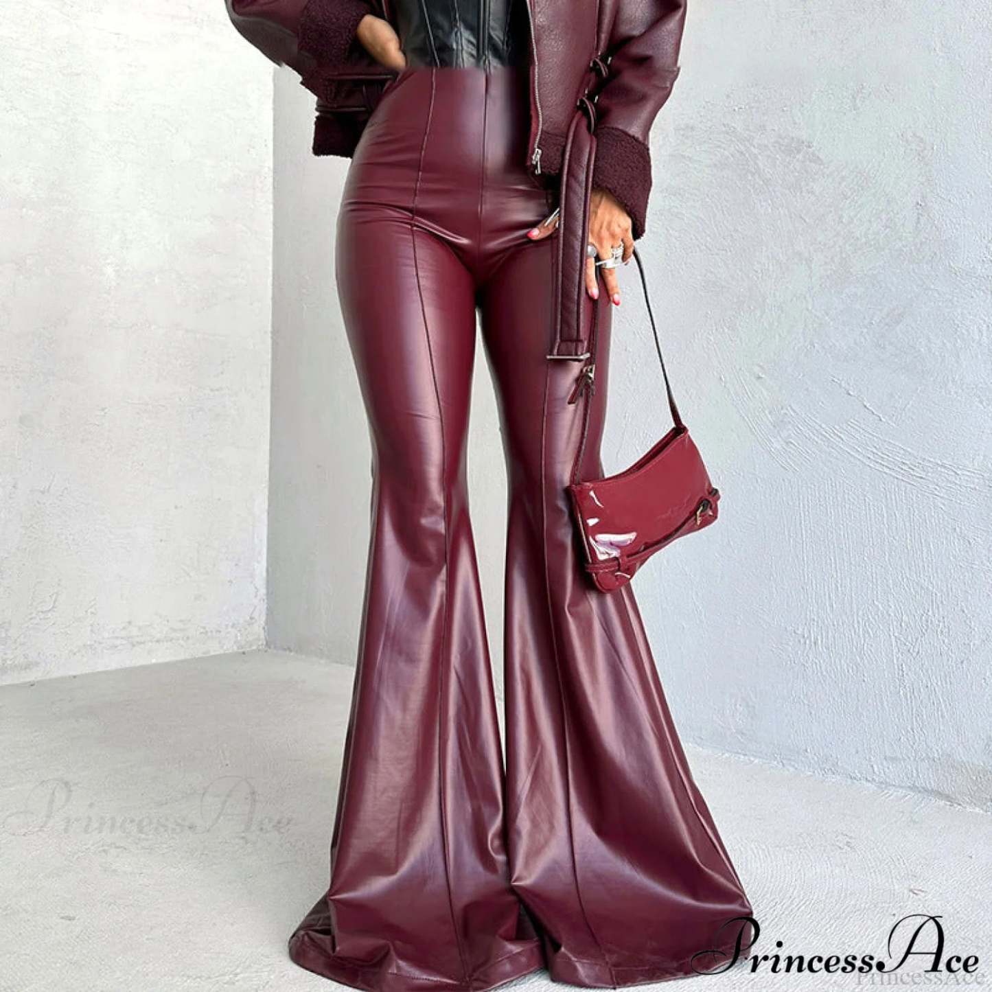 Metallic PU Leather High-Waist Flared Pants
