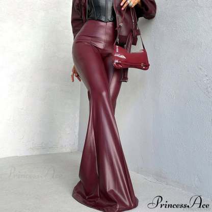 Metallic PU Leather High-Waist Flared Pants Burgundy / S
