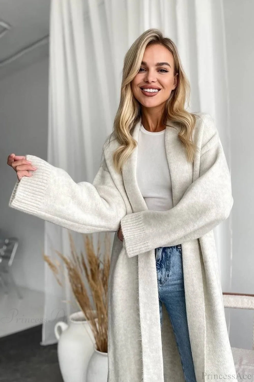 Minimalist Elegant Collarless Cardigan-Inspired Overcoat White / S