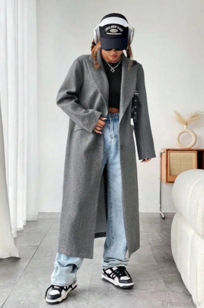 Minimalist Solid Color Elegant Notched Collar Relaxed Wool Overcoat