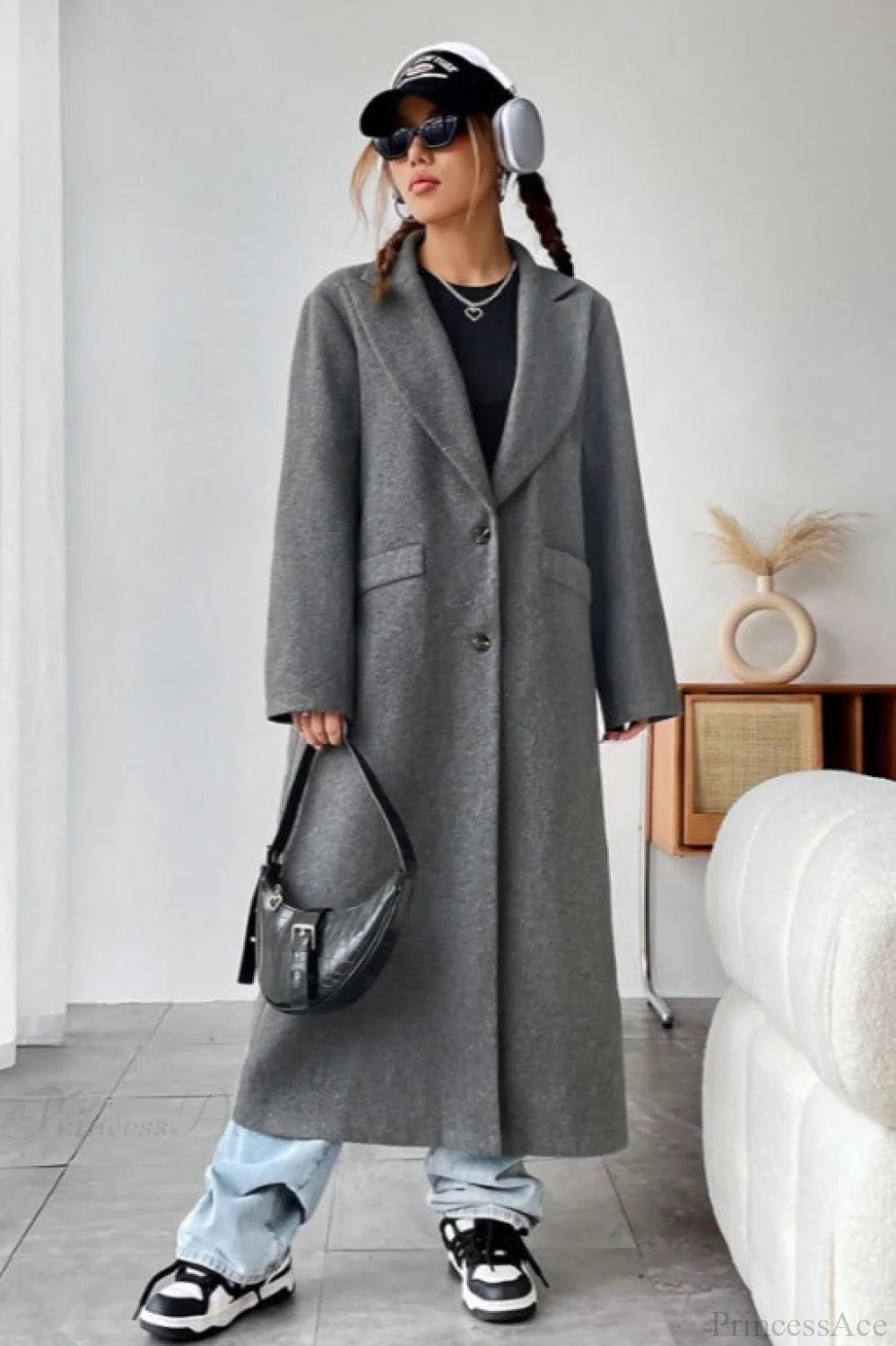 Minimalist Solid Color Elegant Notched Collar Relaxed Wool Overcoat Grey / S