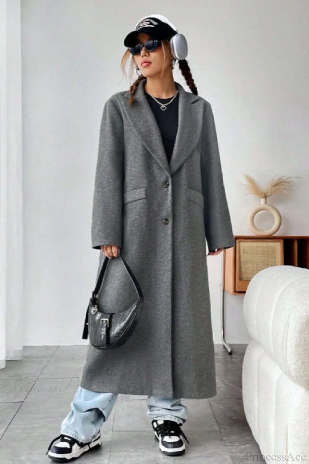 Minimalist Solid Color Elegant Notched Collar Relaxed Wool Overcoat Grey / S