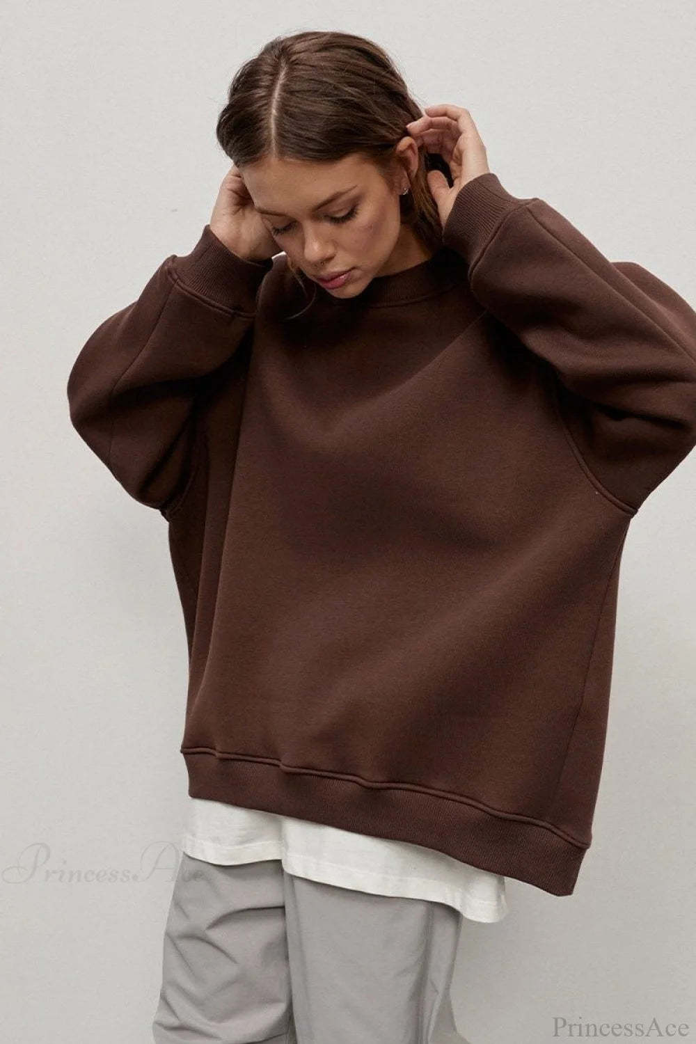 Minimalist Solid Crew Neck Oversize Sweatshirts Brown / S