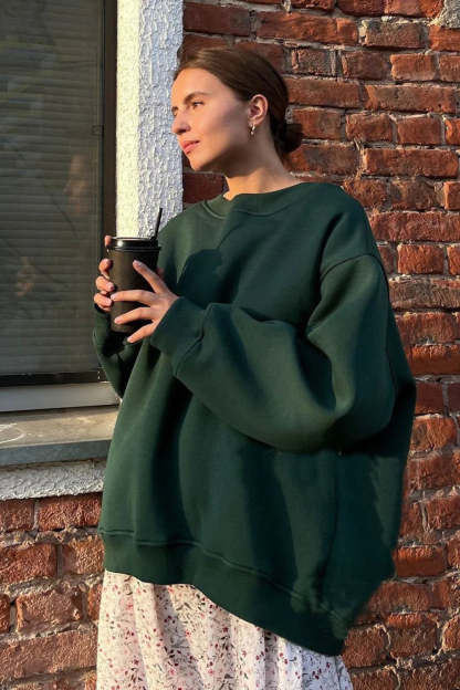 Minimalist Solid Crew Neck Oversize Sweatshirts Dark green / S