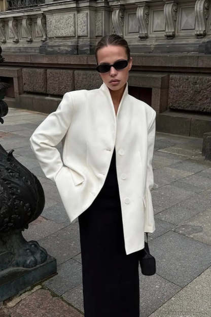 Minimalist White V-Neck Elegant Relaxed Coat