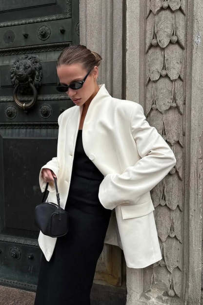 Minimalist White V-Neck Elegant Relaxed Coat