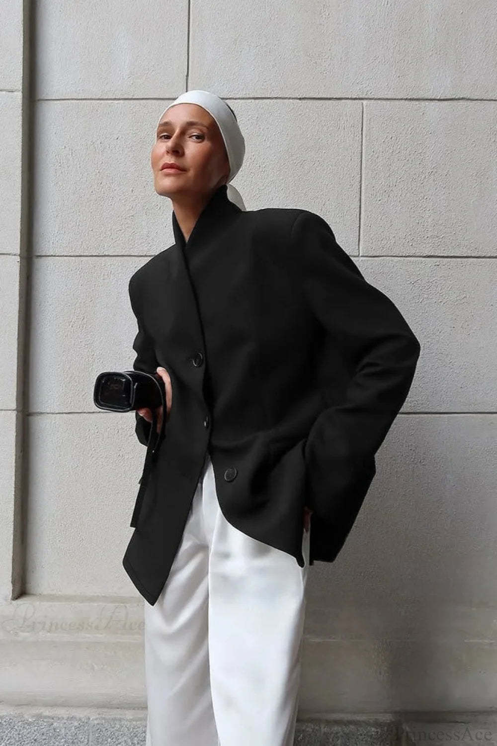 Minimalist White V-Neck Elegant Relaxed Coat Black / S