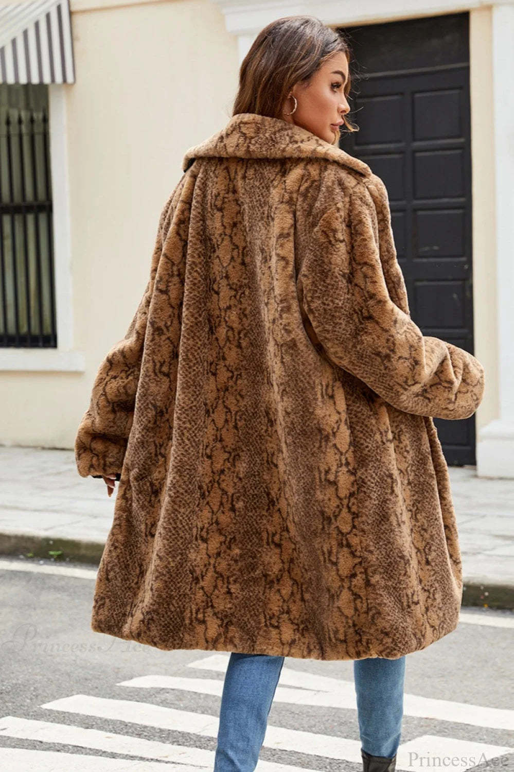 Modern Snake Print Thickened Faux Fur Overcoat