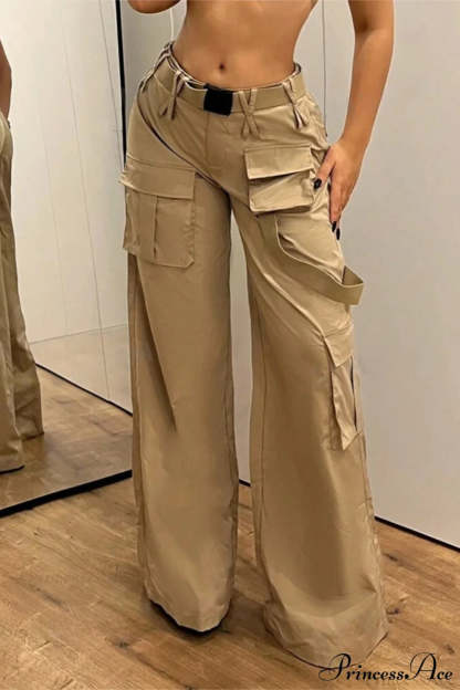 Multi-Pocket Mid-Rise Straight-Leg Cargo Pants Khaki / XS