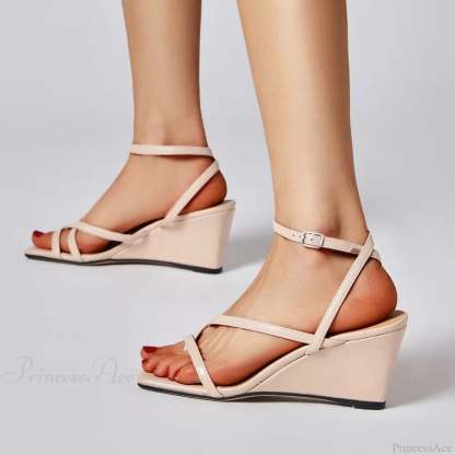 New High Quality Simple Thin Strap Stylish Open Toe Party Summer Low Heel Pump Apricot / 34