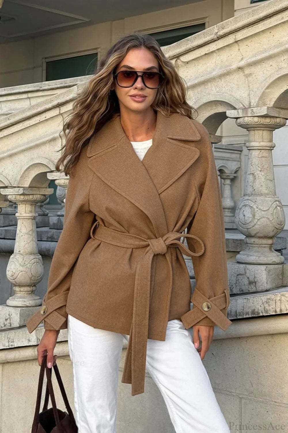 Notched Collar Wool Blend Tie Waist Barn Style Coat Khaki / S