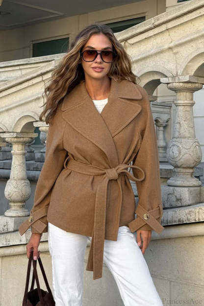 Notched Collar Wool Blend Tie Waist Barn Style Coat Khaki / S