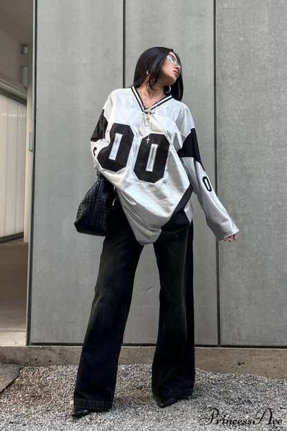 Number Print V Neck Color Block Loose Sweatshirt