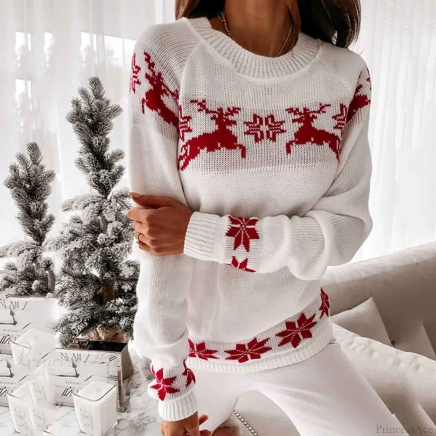 O Neck Elk Snowflake Casual Autumn Winter Pullover Christmas Sweater White / S Sweaters-L