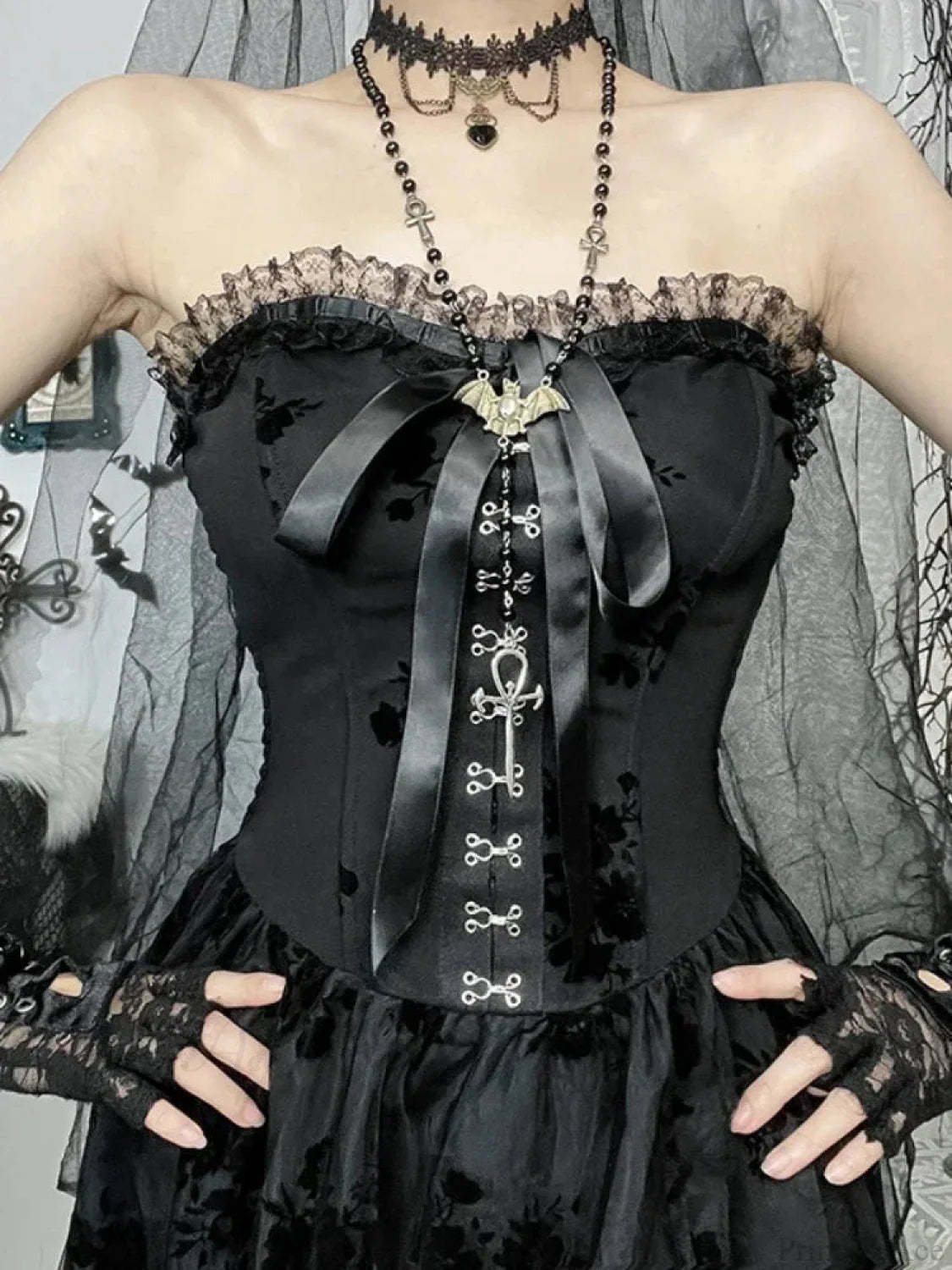 Obscure Blooms Net Bodice Midi Dress