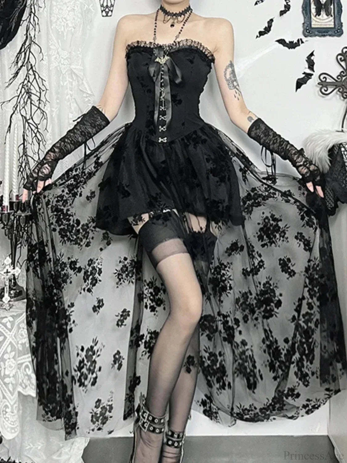 Obscure Blooms Net Bodice Midi Dress