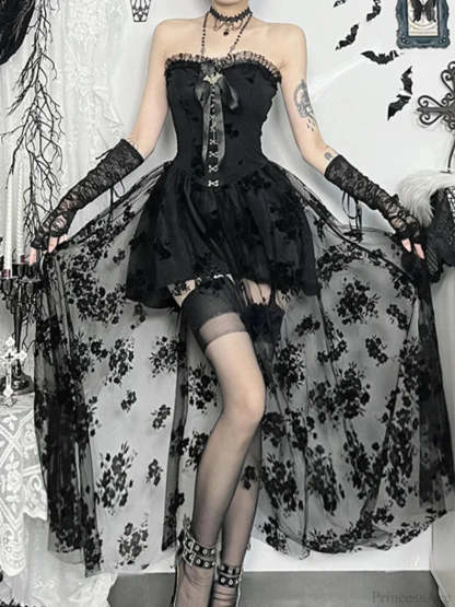 Obscure Blooms Net Bodice Midi Dress