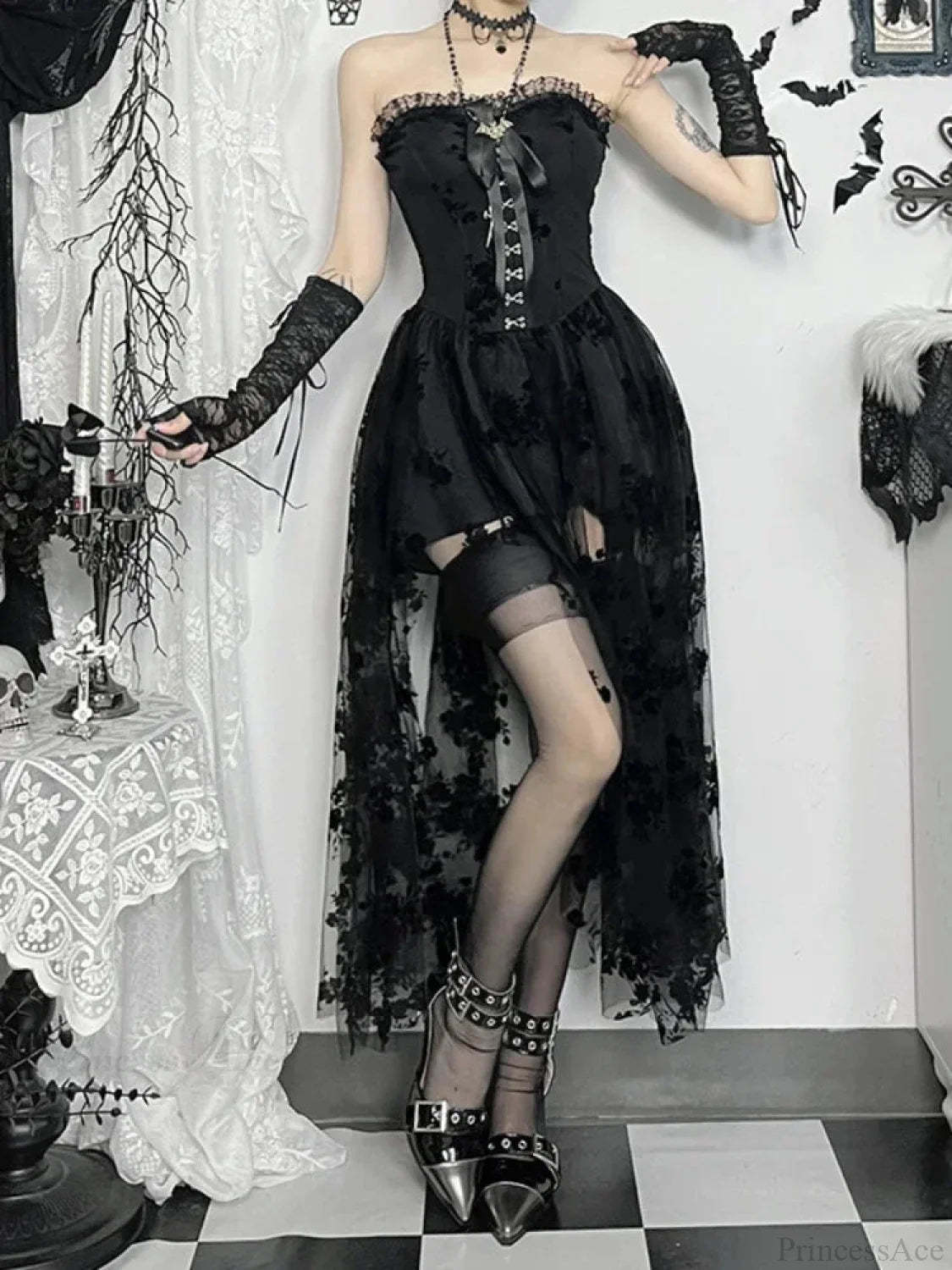 Obscure Blooms Net Bodice Midi Dress