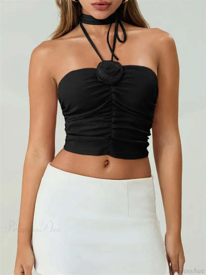 Off Shoulder 3D Flower Ruched Tube Crop Top BLACK / S croptop-250126