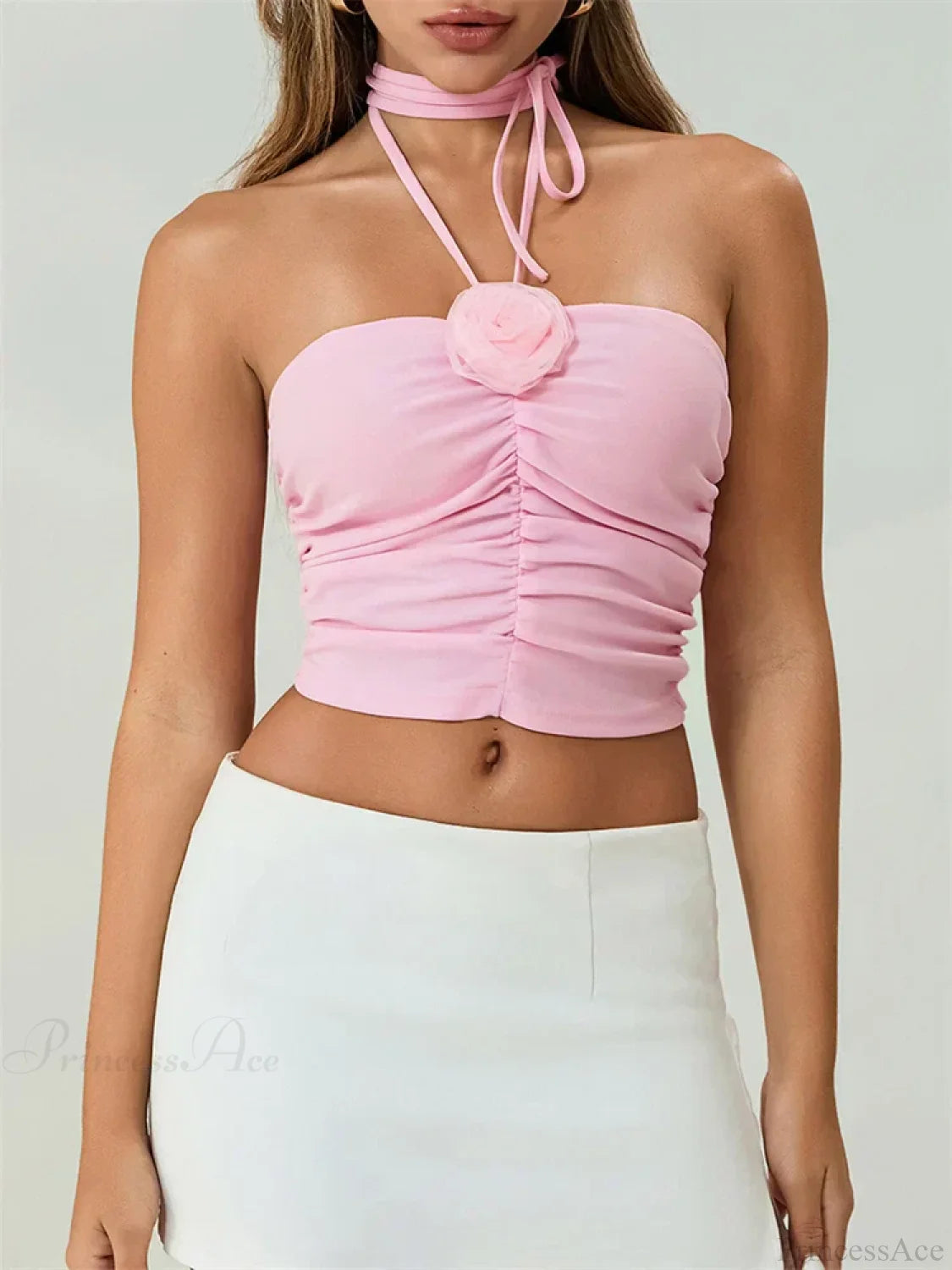 Off Shoulder 3D Flower Ruched Tube Crop Top croptop-250126