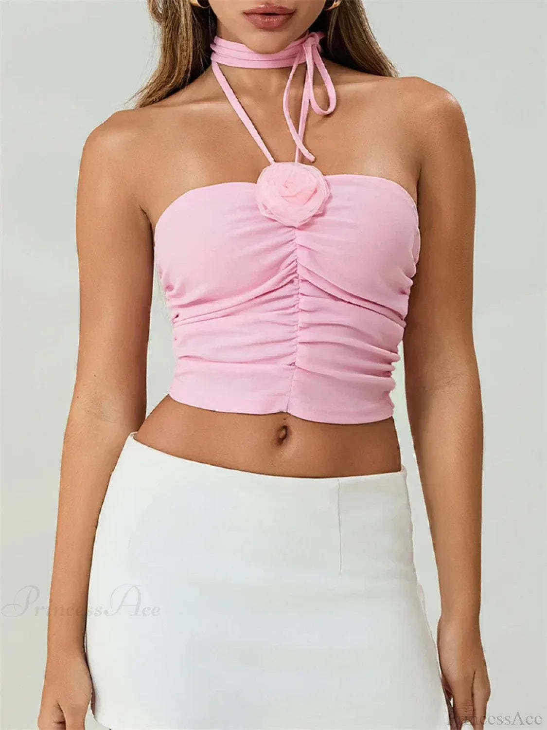 Off Shoulder 3D Flower Ruched Tube Crop Top croptop-250126