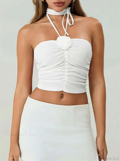 Off Shoulder 3D Flower Ruched Tube Crop Top WHITE / S croptop-250126