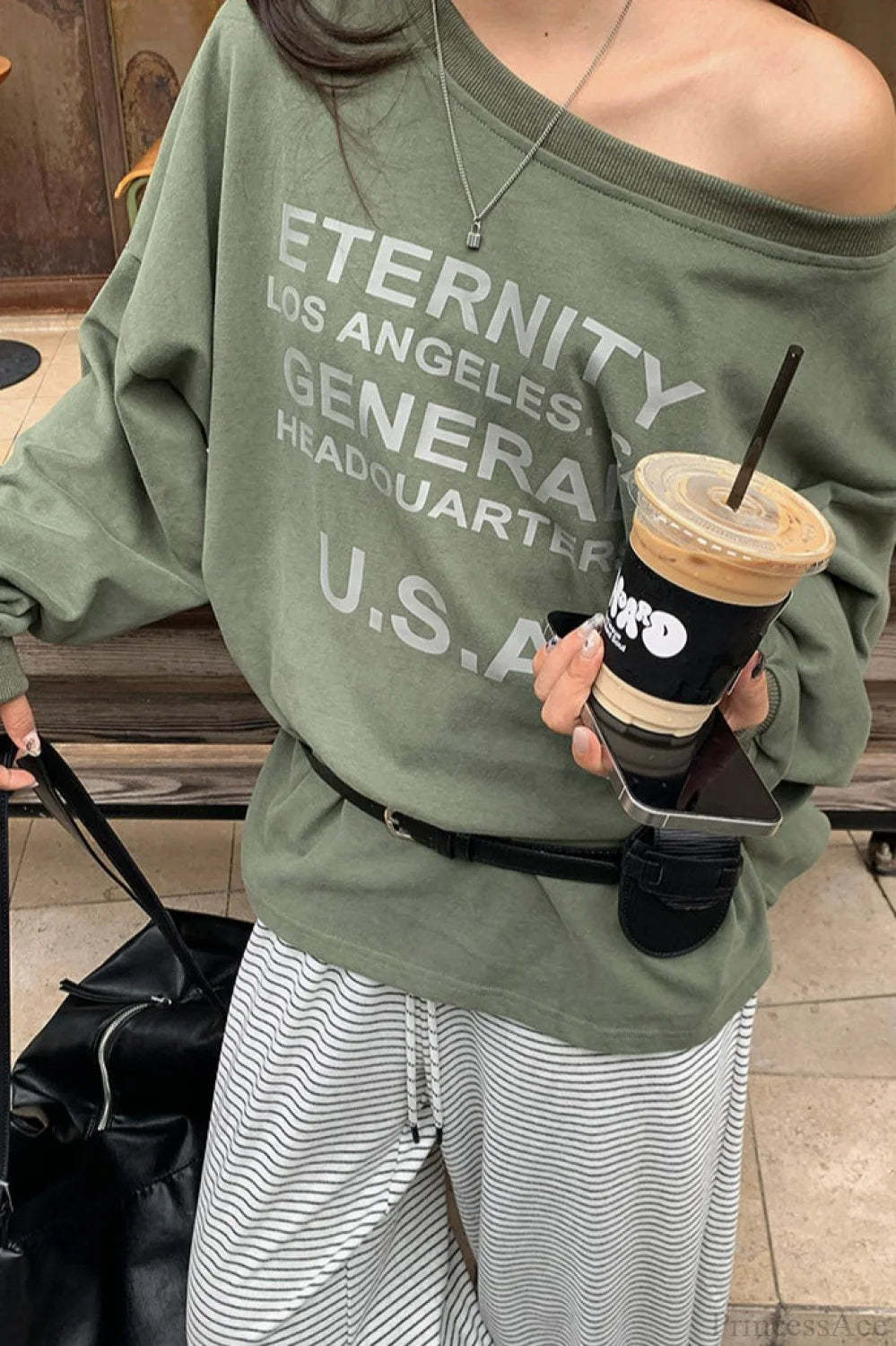 Off-Shoulder Graphic Letter Relaxed Sweatshirt Green / One size