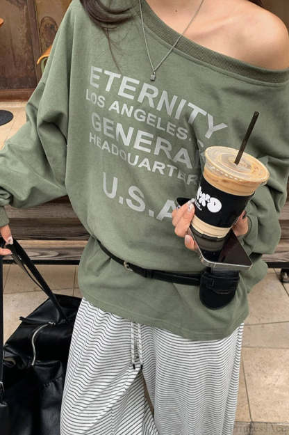 Off-Shoulder Graphic Letter Relaxed Sweatshirt Green / One size