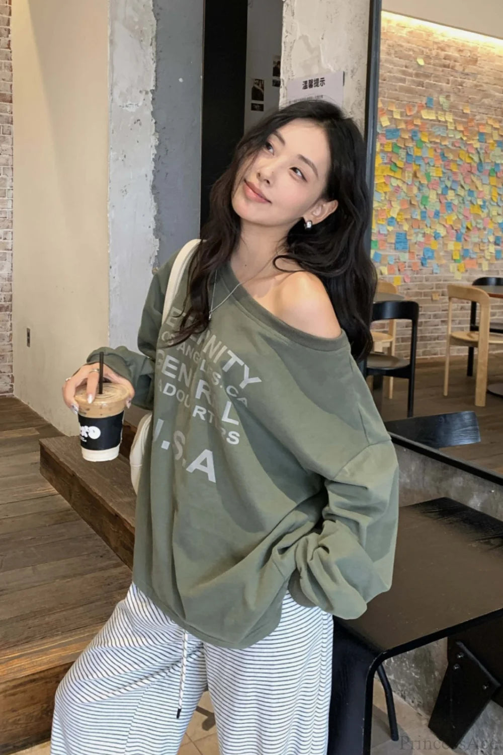 Off-Shoulder Graphic Letter Relaxed Sweatshirt Green / One size